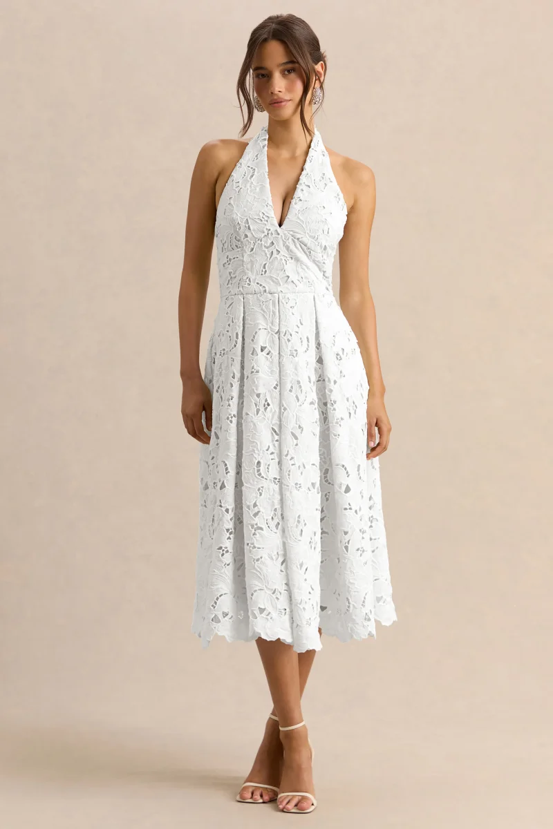 Maribel | Vestido Midi Blanco De Encaje Con Escote Pronunciado - Imagen 6