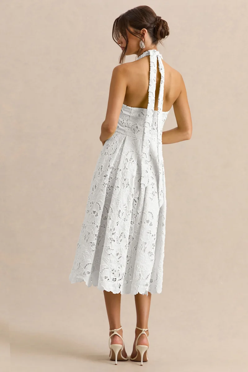 Maribel | Vestido Midi Blanco De Encaje Con Escote Pronunciado - Imagen 3