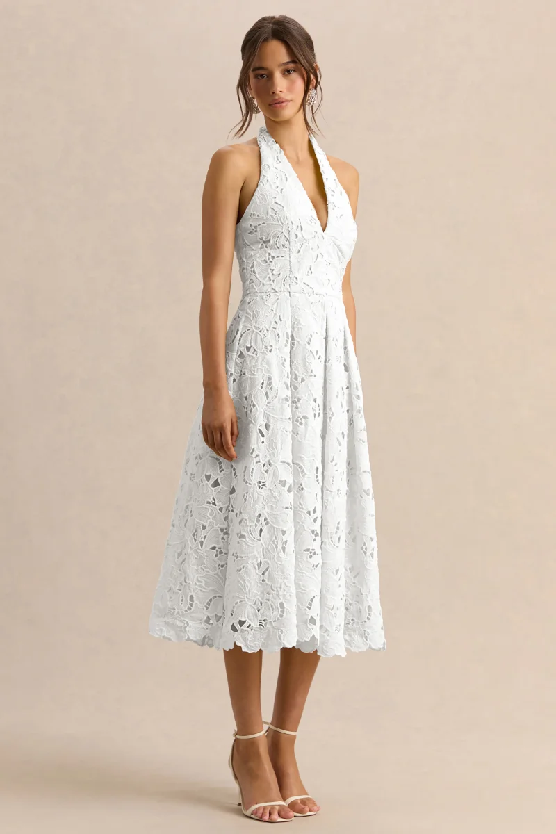 Maribel | Vestido Midi Blanco De Encaje Con Escote Pronunciado - Imagen 5