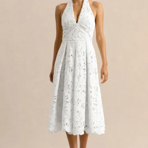 Maribel | Vestido Midi Blanco De Encaje Con Escote Pronunciado