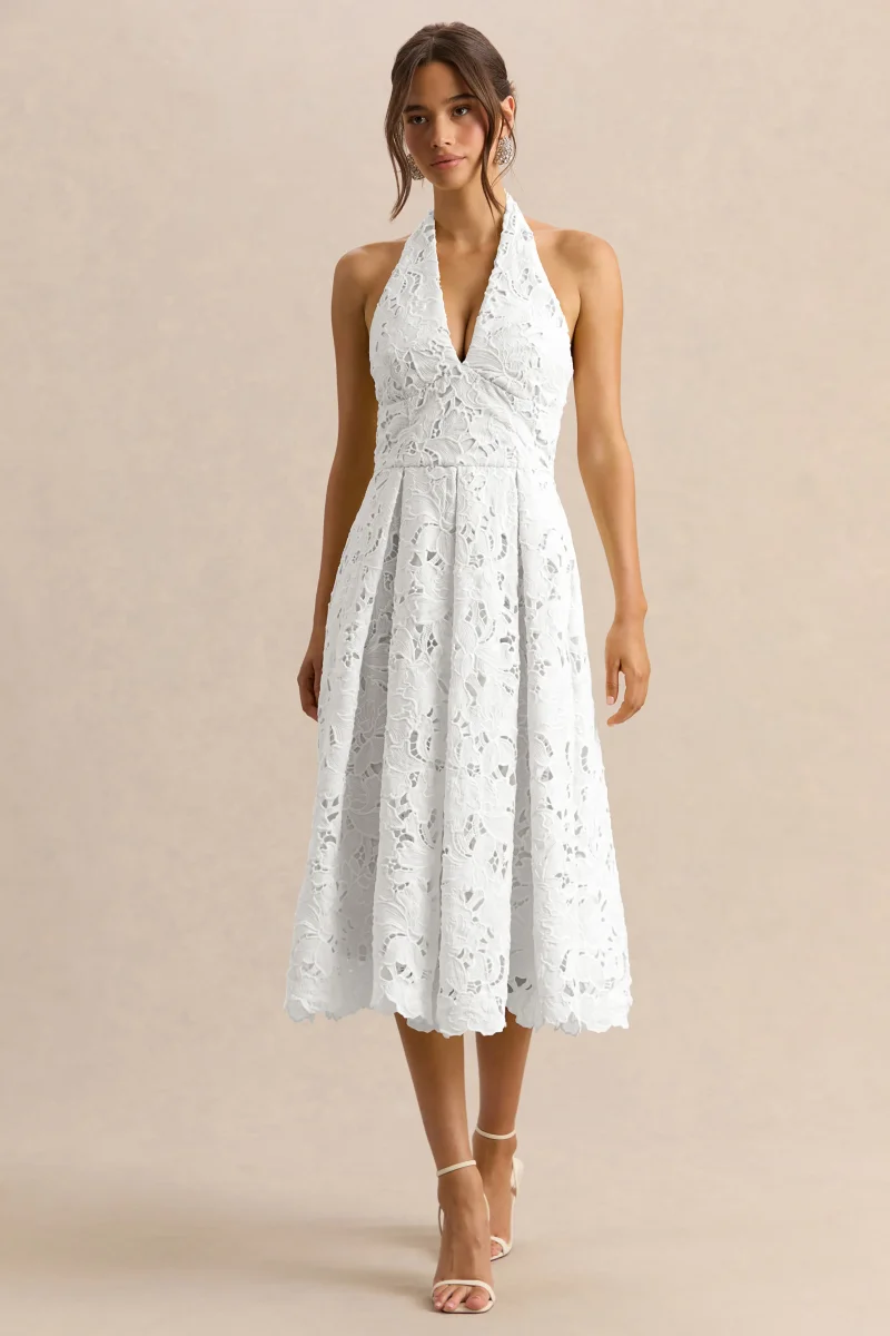 Maribel | Vestido Midi Blanco De Encaje Con Escote Pronunciado