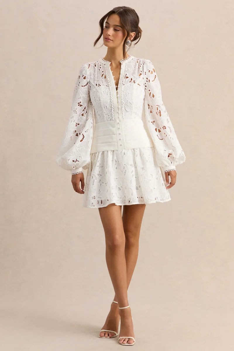 Helena | Vestido Corto Blanco De Cuello Redondo Con Manga Abullonada Y Falda Plisada - Imagen 7