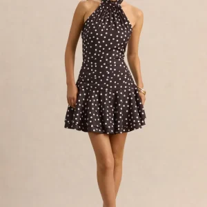 Florence | Vestido Corto De Satén Marrón Y Blanco Con Cuello Halter