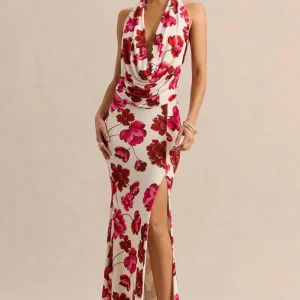 Flossie | Vestido Largo Crema Con Estampado Floral Rosa Y Escote Pronunciado