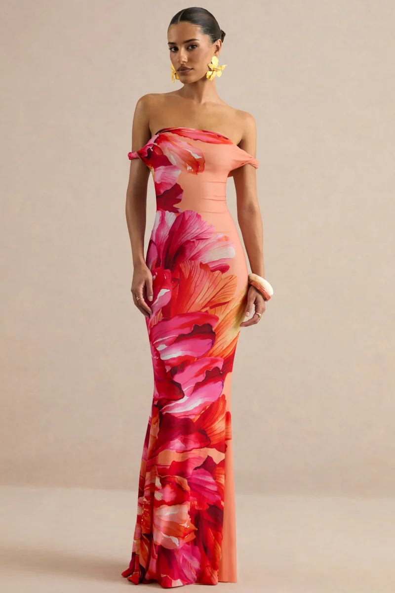 Katia | Vestido Largo Rosa Intenso De Estampado Floral Con Escote Bardot Trenzado