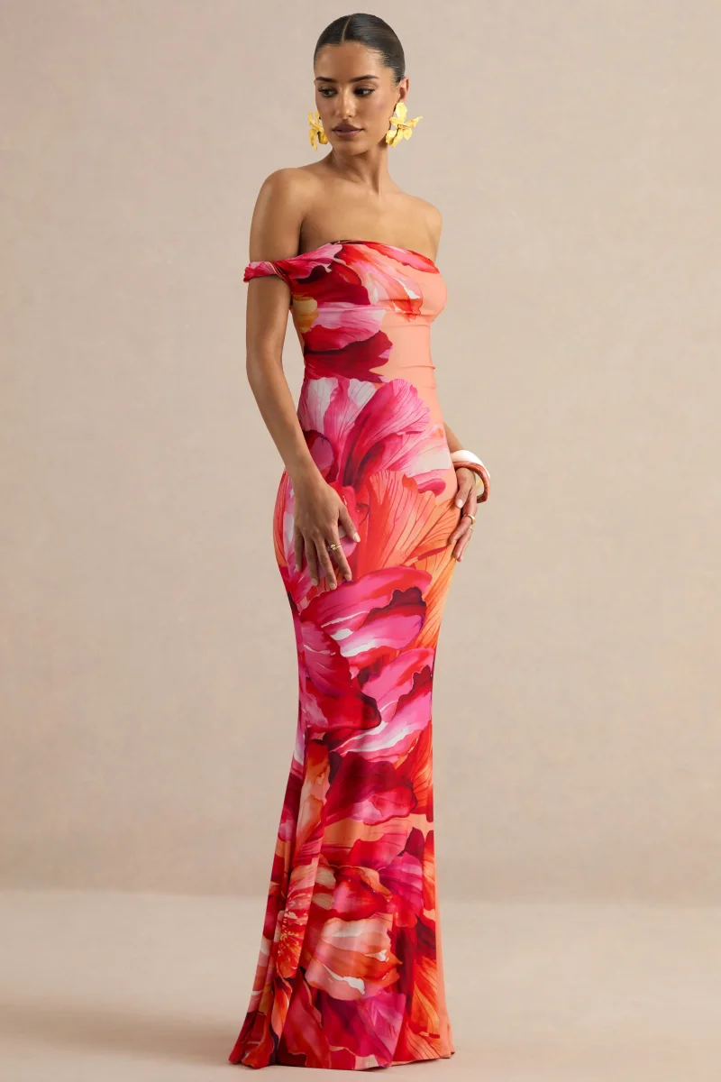 Katia | Vestido Largo Rosa Intenso De Estampado Floral Con Escote Bardot Trenzado - Imagen 7