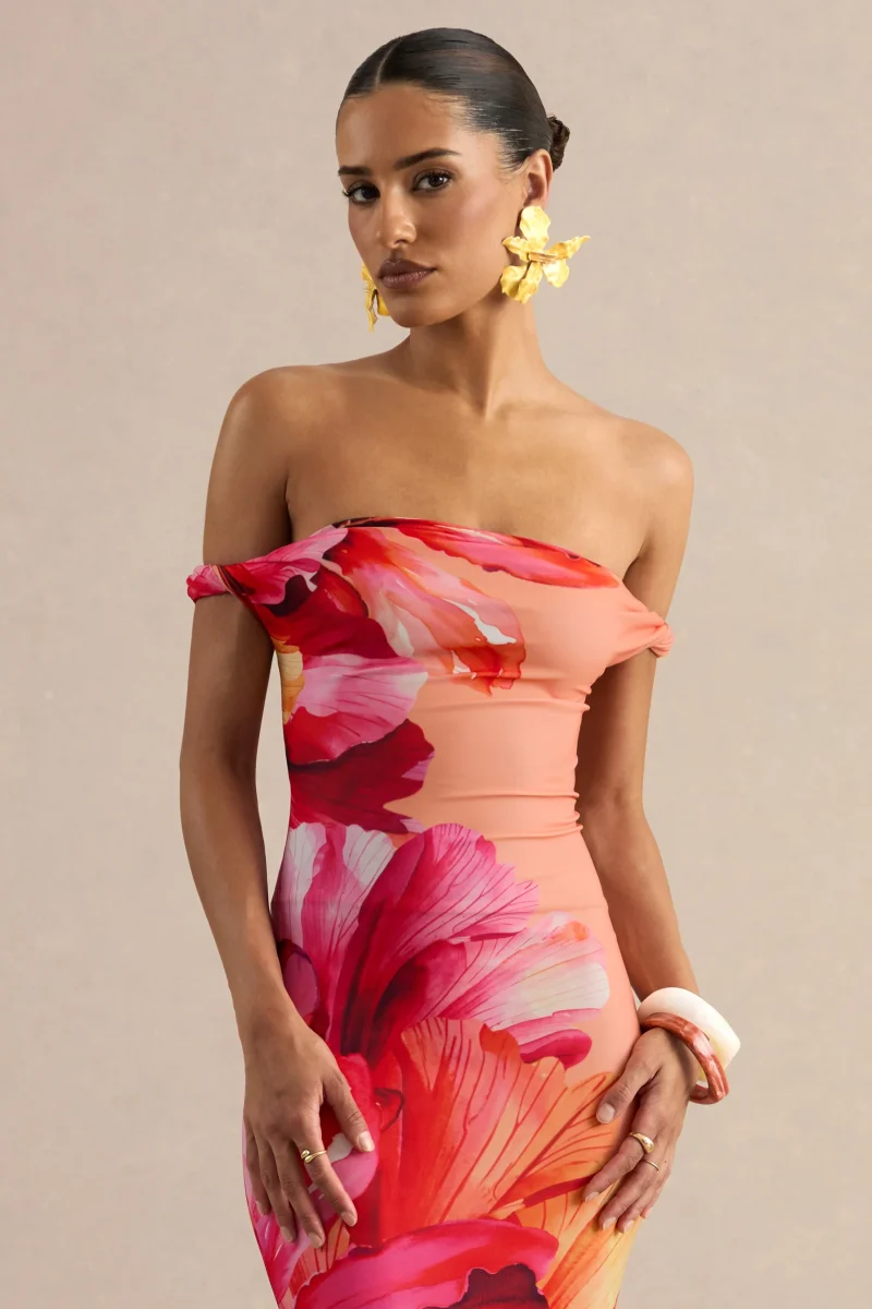 Katia | Vestido Largo Rosa Intenso De Estampado Floral Con Escote Bardot Trenzado - Imagen 6
