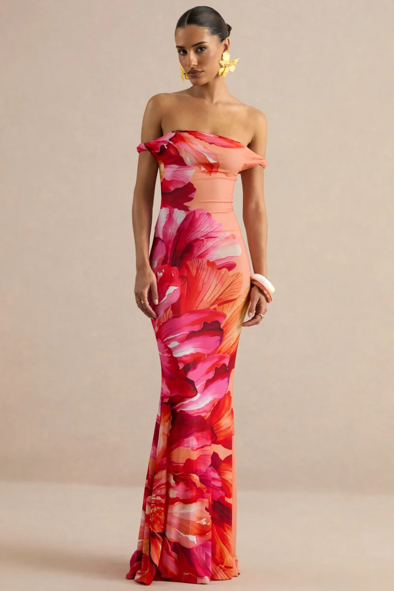 Katia | Vestido Largo Rosa Intenso De Estampado Floral Con Escote Bardot Trenzado - Imagen 8