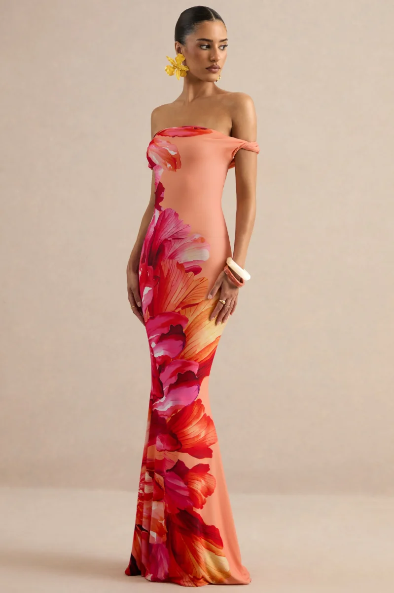 Katia | Vestido Largo Rosa Intenso De Estampado Floral Con Escote Bardot Trenzado - Imagen 5
