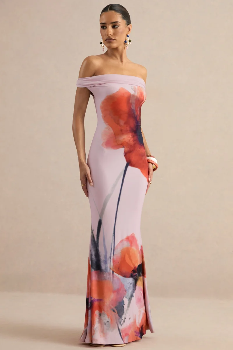 Katia | Vestido Largo Rosa De Estampado De Amapolas Con Escote Bardot Trenzado - Imagen 7