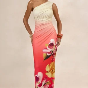 Hazel | Vestido Largo De Estampado Floral Naranja Y Rosa Con Escote Asimétrico