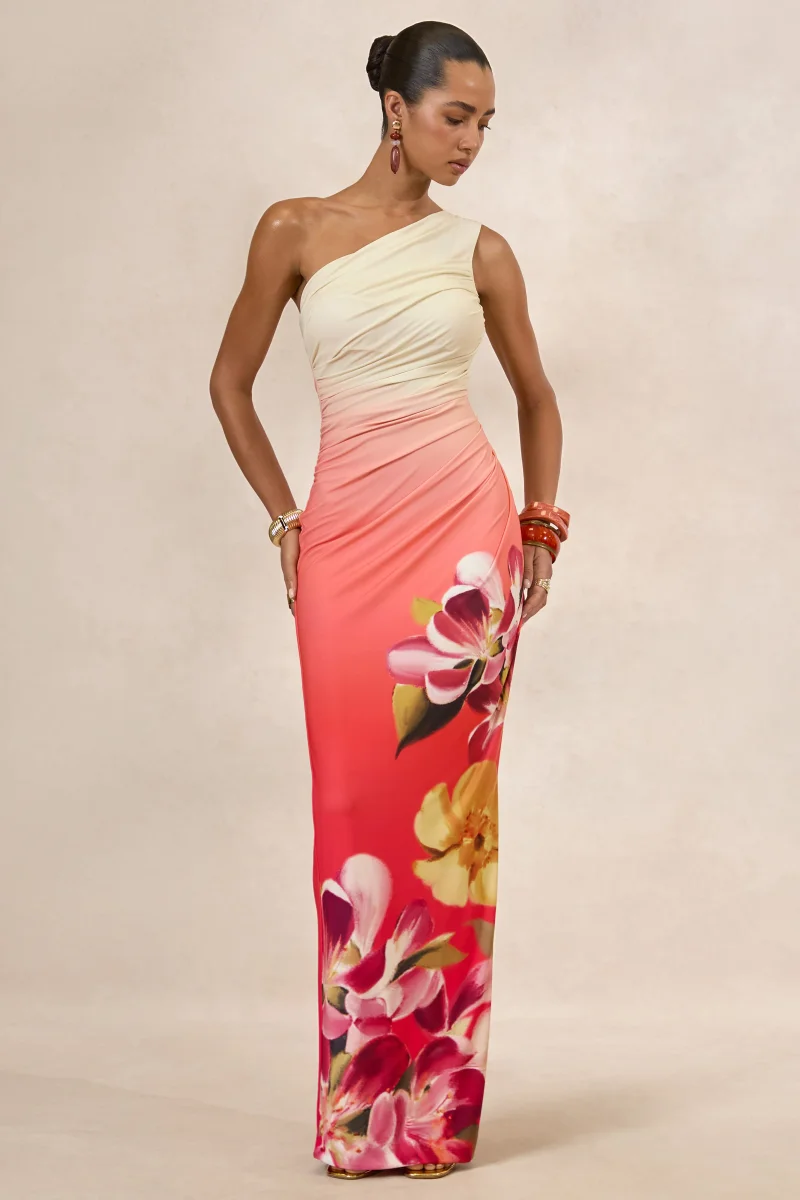 Hazel | Vestido Largo De Estampado Floral Naranja Y Rosa Con Escote Asimétrico - Imagen 2