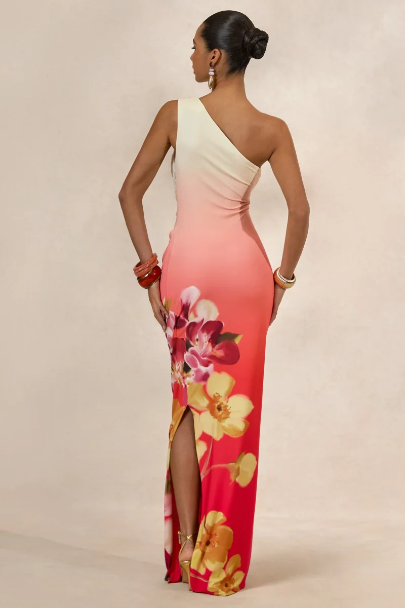 Hazel | Vestido Largo De Estampado Floral Naranja Y Rosa Con Escote Asimétrico - Imagen 3