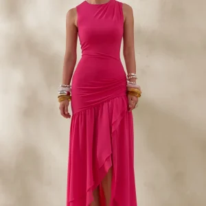 Noelia | Vestido Largo Fucsia De Jersey Con Cuello Racer Y Bajo Asimétrico