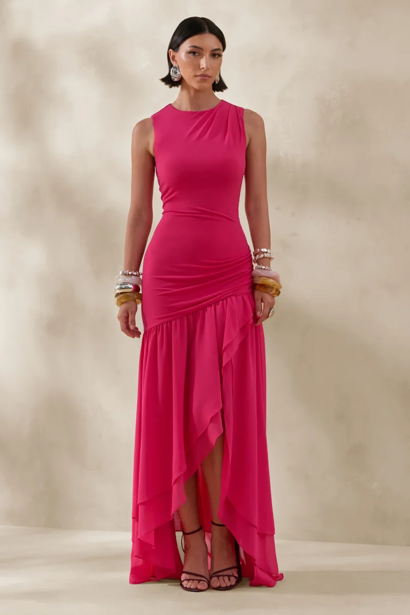 Noelia | Vestido Largo Fucsia De Jersey Con Cuello Racer Y Bajo Asimétrico - Imagen 2