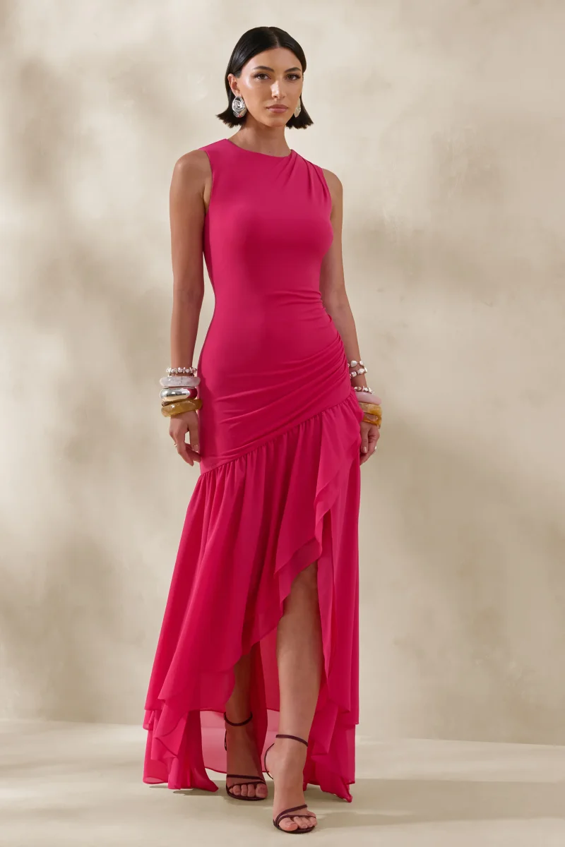 Noelia | Vestido Largo Fucsia De Jersey Con Cuello Racer Y Bajo Asimétrico - Imagen 6