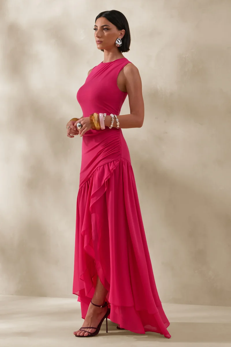 Noelia | Vestido Largo Fucsia De Jersey Con Cuello Racer Y Bajo Asimétrico - Imagen 5