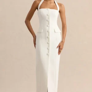Steph | Vestido Largo Blanco De Crepé Con Escote Halter