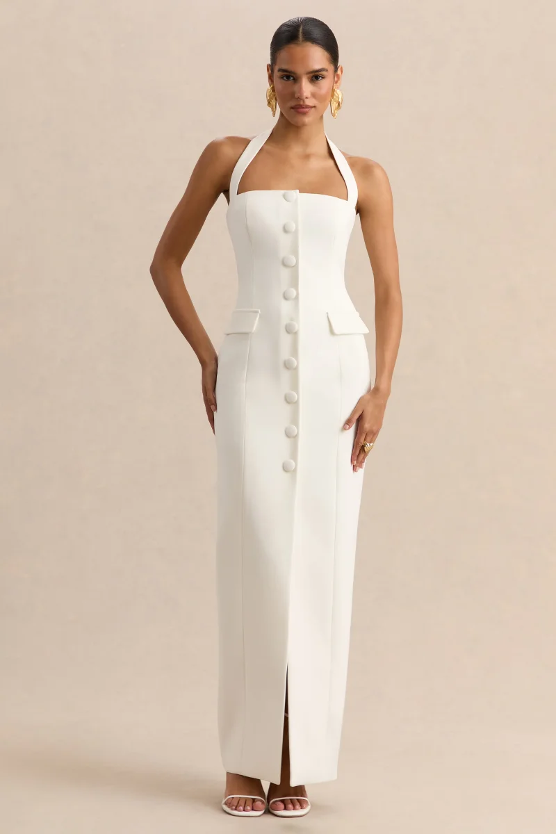 Steph | Vestido Largo Blanco De Crepé Con Escote Halter