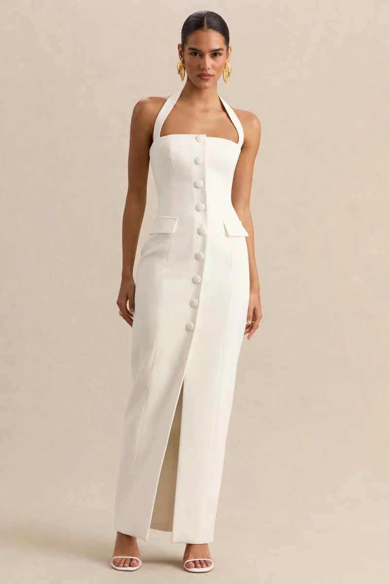 Steph | Vestido Largo Blanco De Crepé Con Escote Halter - Imagen 6