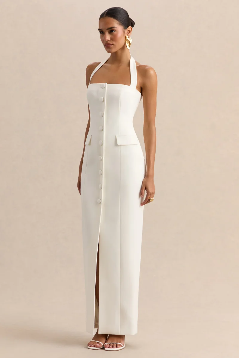 Steph | Vestido Largo Blanco De Crepé Con Escote Halter - Imagen 5