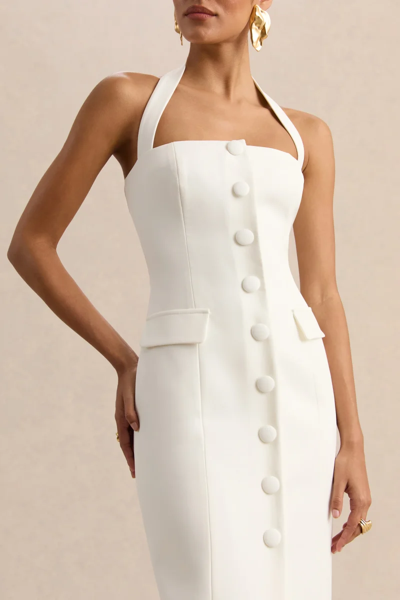 Steph | Vestido Largo Blanco De Crepé Con Escote Halter - Imagen 4