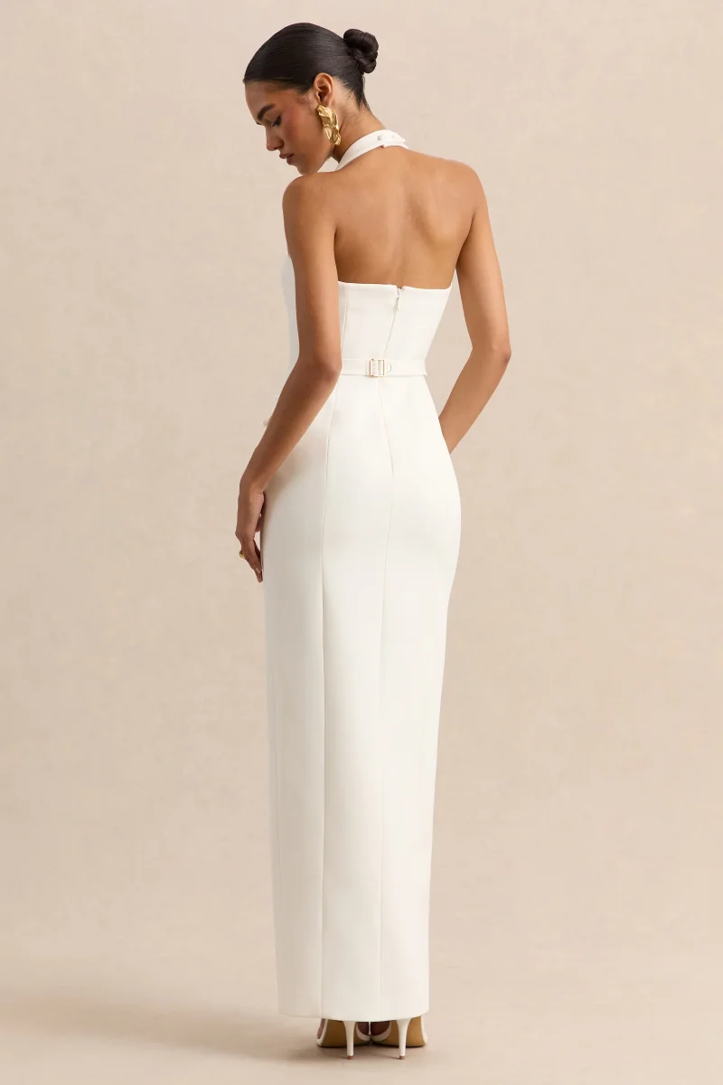 Steph | Vestido Largo Blanco De Crepé Con Escote Halter - Imagen 3