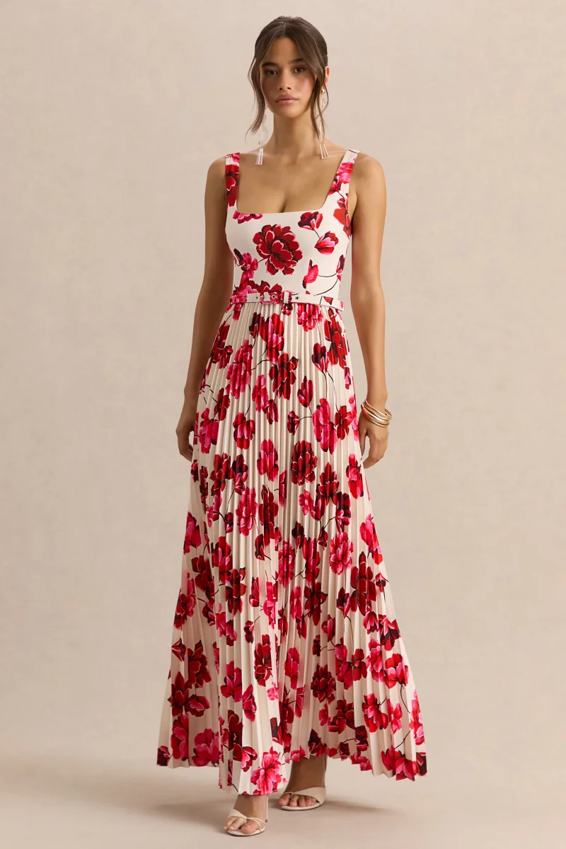 Danika | Vestido Largo Rosa intenso Estampado Floral de Escote Cuadrado con Cinturón con Falda Plisada - Imagen 7