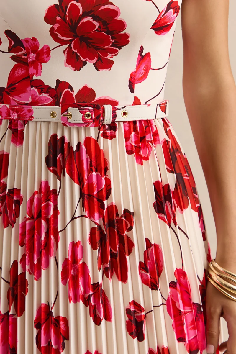 Danika | Vestido Largo Rosa intenso Estampado Floral de Escote Cuadrado con Cinturón con Falda Plisada - Imagen 8