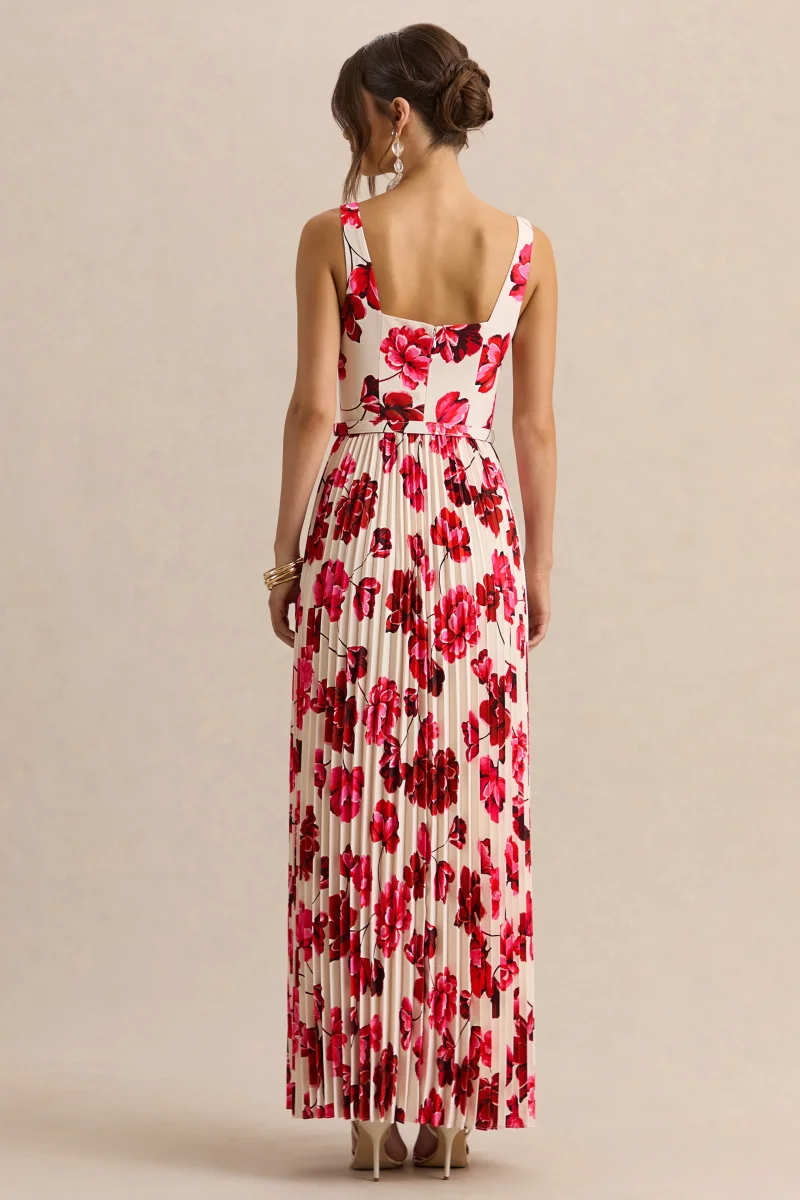Danika | Vestido Largo Rosa intenso Estampado Floral de Escote Cuadrado con Cinturón con Falda Plisada - Imagen 3