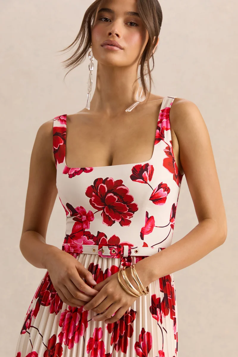 Danika | Vestido Largo Rosa intenso Estampado Floral de Escote Cuadrado con Cinturón con Falda Plisada - Imagen 4