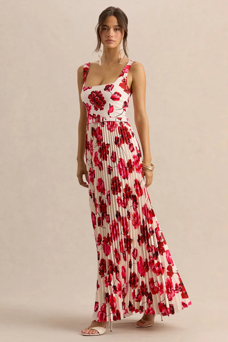 Danika | Vestido Largo Rosa intenso Estampado Floral de Escote Cuadrado con Cinturón con Falda Plisada - Imagen 6