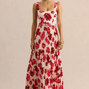 Danika | Vestido Largo Rosa intenso Estampado Floral de Escote Cuadrado con Cinturón con Falda Plisada