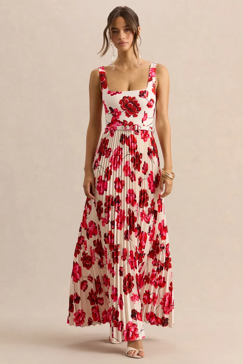 Danika | Vestido Largo Rosa intenso Estampado Floral de Escote Cuadrado con Cinturón con Falda Plisada - Imagen 2
