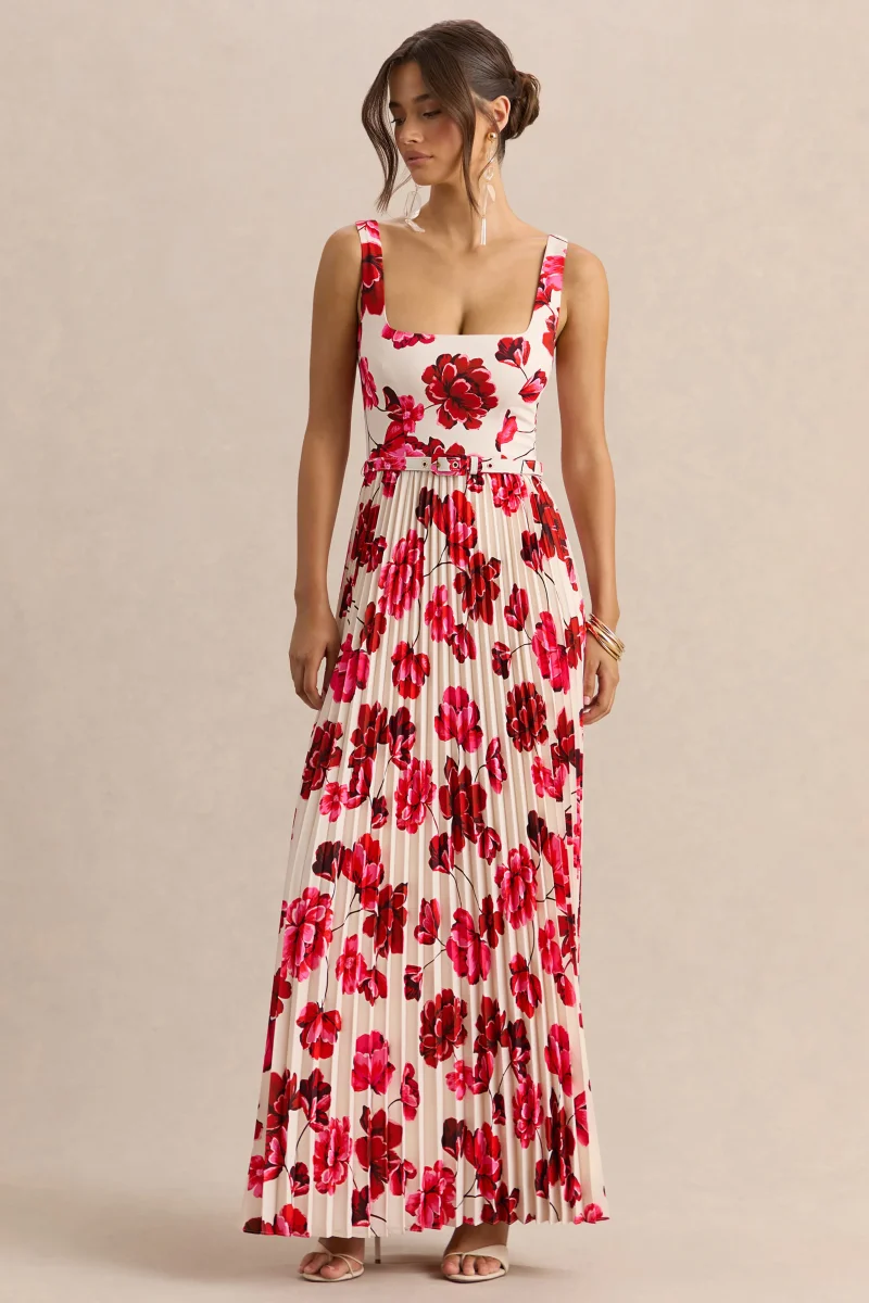 Danika | Vestido Largo Rosa intenso Estampado Floral de Escote Cuadrado con Cinturón con Falda Plisada - Imagen 5