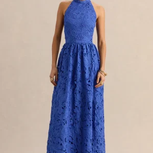 Indiana | Vestido Largo Azul oscuro de Broderie Anglaise con Escote Halter