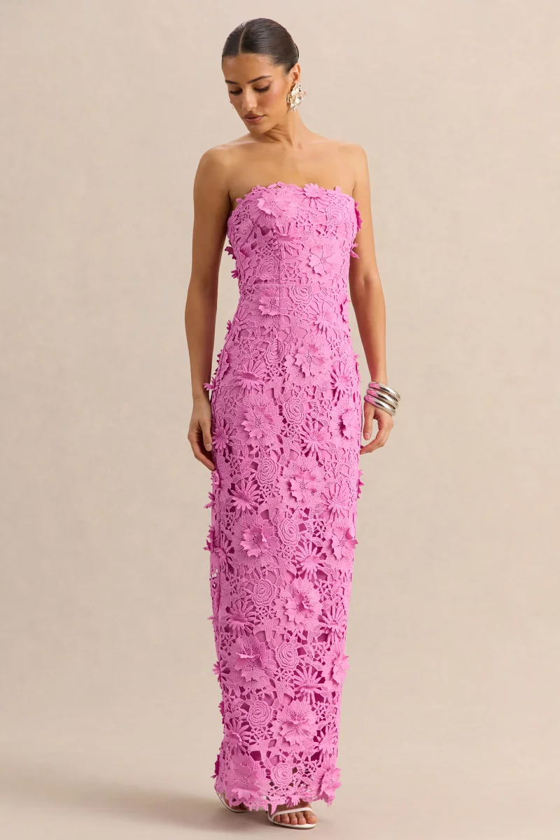 Gracie | Vestido Largo Rosa de Encaje Bandeau - Imagen 6