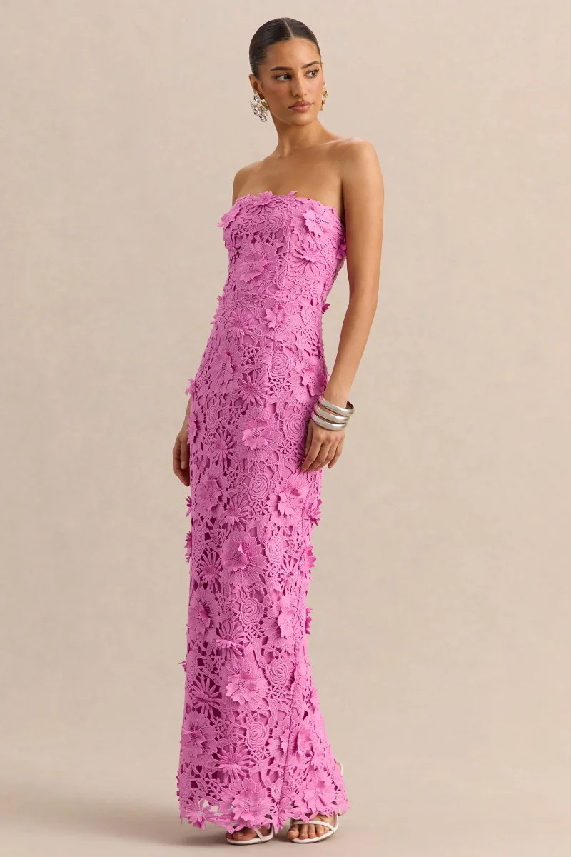 Gracie | Vestido Largo Rosa de Encaje Bandeau - Imagen 5