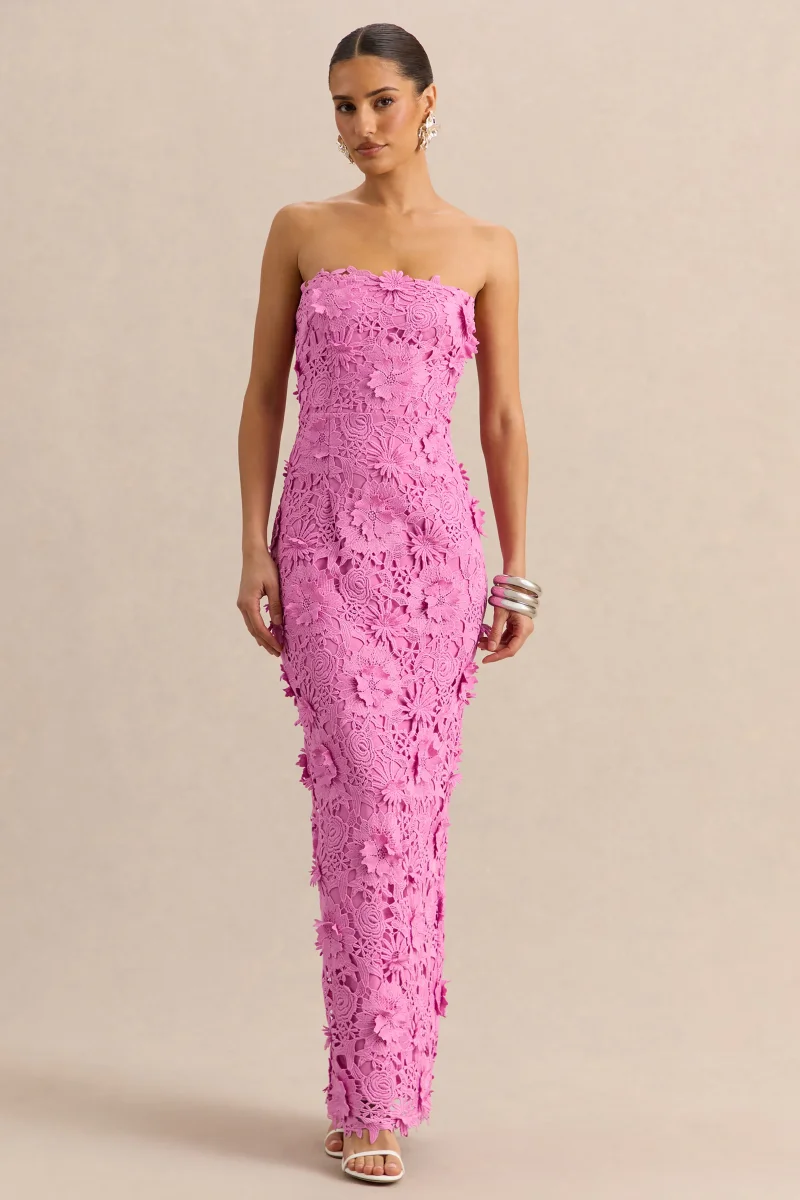Gracie | Vestido Largo Rosa de Encaje Bandeau