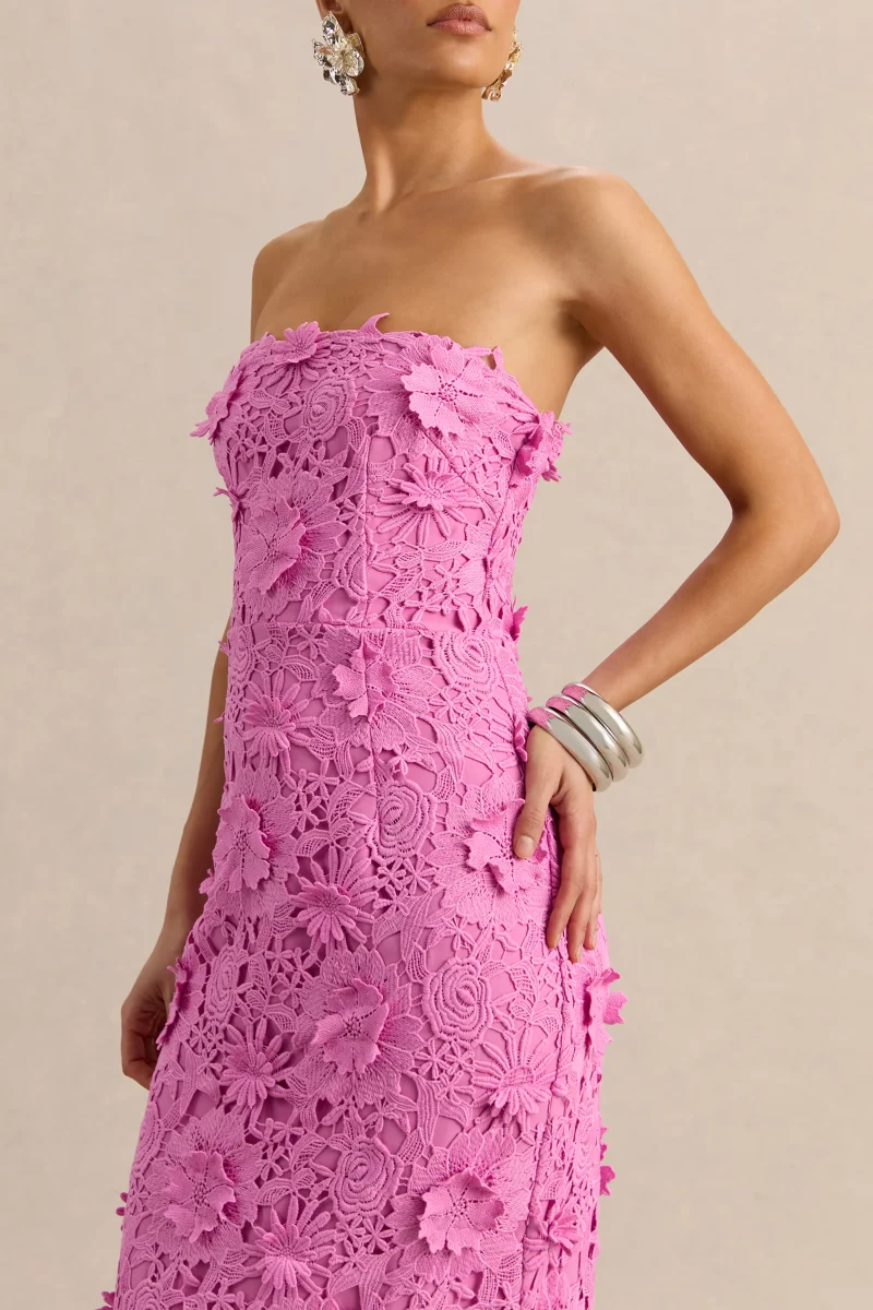 Gracie | Vestido Largo Rosa de Encaje Bandeau - Imagen 4