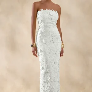 Gracie | Vestido Maxi Blanco De Encaje Con Escote Bandeau