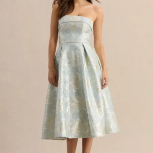 Tori | Vestido Midi Skater de Jacquard Azul con Escote Bandeau