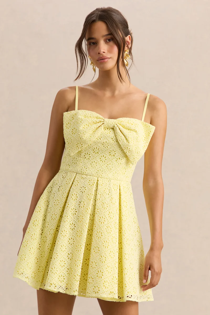 Elina | Vestido Corto Limón de Escote Cuadrado con Detalle de Lazo - Imagen 4