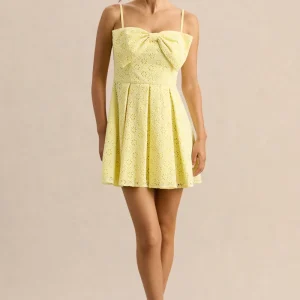 Elina | Vestido Corto Limón de Escote Cuadrado con Detalle de Lazo
