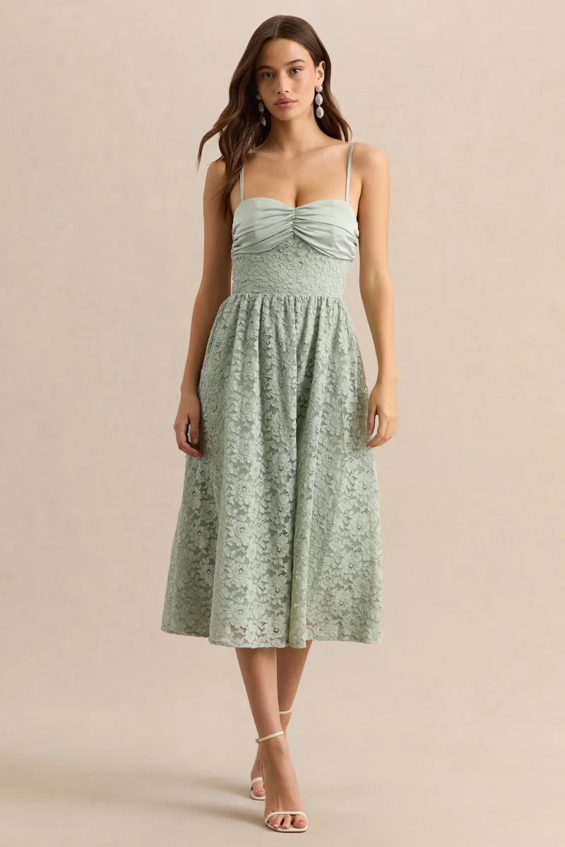 Gloriana | Salvia Encaje Escote Corazón Vestido Midi