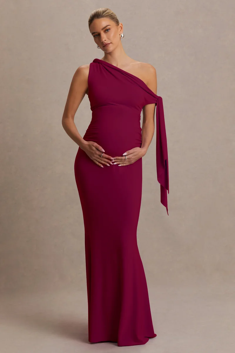Orielle | Vestido Premamá largo burdeos con escote asimétrico, manga con nudo y fajín - Imagen 6