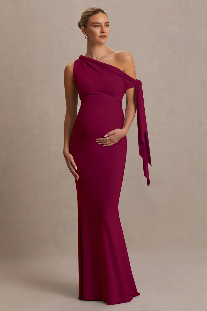 Orielle | Vestido Premamá largo burdeos con escote asimétrico, manga con nudo y fajín - Imagen 2