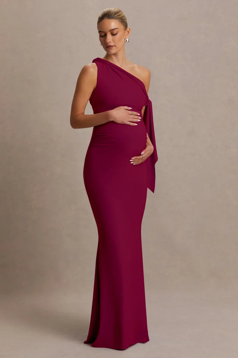 Orielle | Vestido Premamá largo burdeos con escote asimétrico, manga con nudo y fajín - Imagen 4