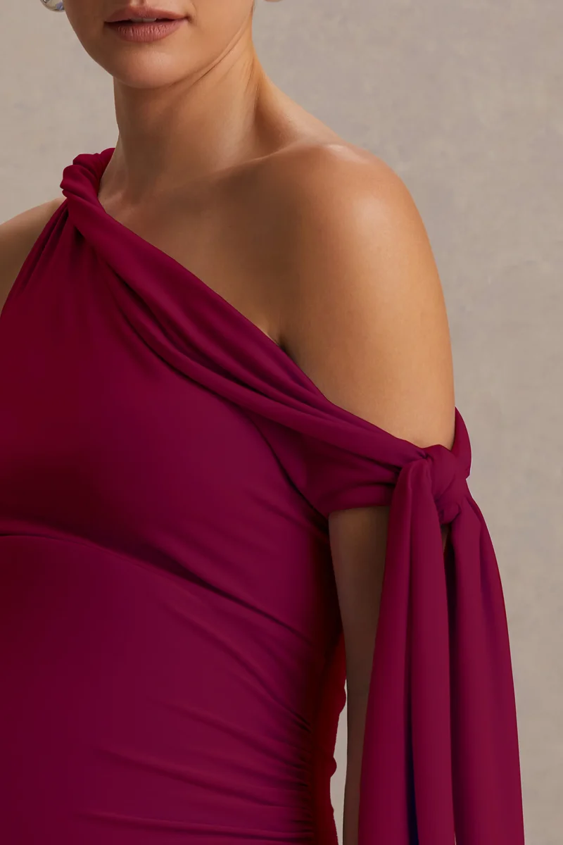 Orielle | Vestido Premamá largo burdeos con escote asimétrico, manga con nudo y fajín - Imagen 7