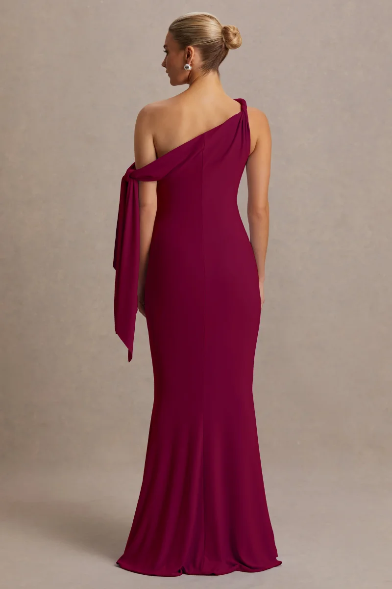 Orielle | Vestido Premamá largo burdeos con escote asimétrico, manga con nudo y fajín - Imagen 3